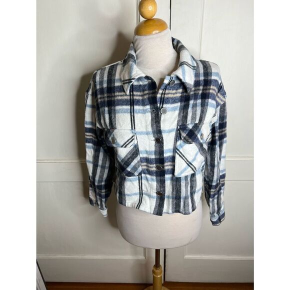 Zara Plaid Blue Flannel Shacket Cropped Button Up Jacket Medium - Picture 10 of 11